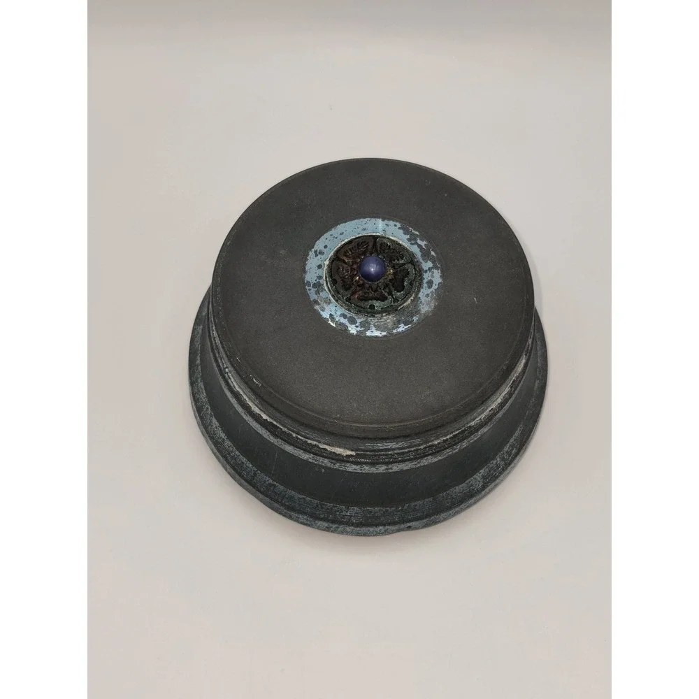 Musical Powder Box Metal Patina Blue Stone Round‎ Footed Vanity Box